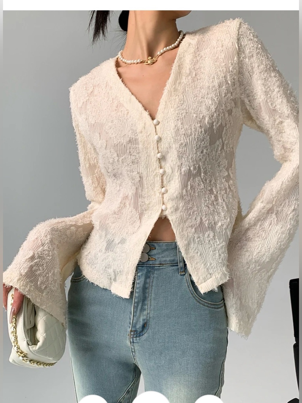 Commense Ivory Textured Semi Sheer Bell Sleeve Button Front Blouse M